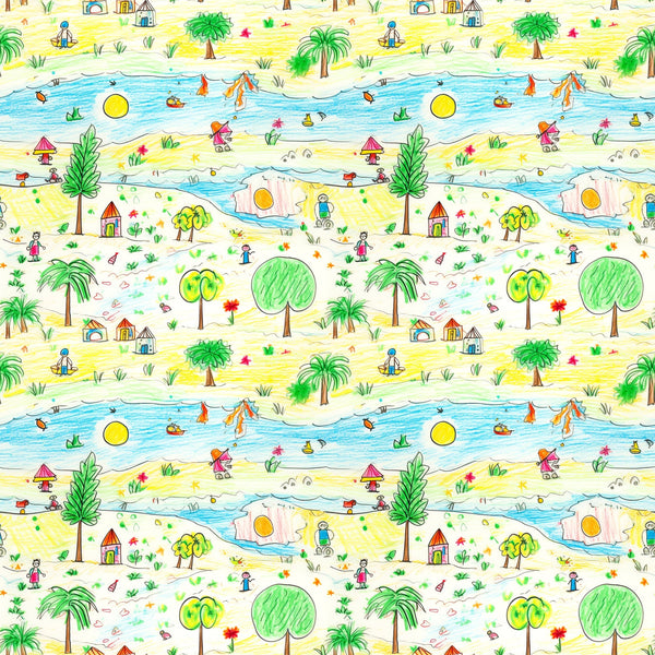 yellow, blue, green, red, orange, child's drawing, crayon art, beach scene, palm trees, ocean waves, sailboats, houses, stick figures, whimsical, playful, naive art style, repeating pattern,, fabric panel, tropical theme, summer vibes, children's artwork