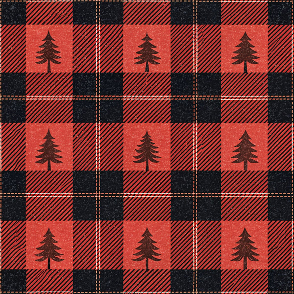 red, black, buffalo plaid, checkered pattern, pine trees, evergreen trees,, fabric panel, rustic, woodland, outdoor theme, lumberjack style, plaid squares, forest motif, camping theme, diagonal stripes, country style, nature design, winter trees, cabin decor