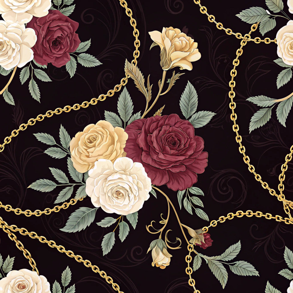 burgundy roses, cream roses, champagne flowers, gold chains, chain pattern, floral design, botanical, vintage floral, elegant style, luxurious, romantic, traditional, dark background, black background, dusty rose, deep red, ivory, sage green, leaf motifs, rose bouquets, ornamental, sophisticated, classic, timeless, nature-inspired, formal style, decorative chains, luxury aesthetic
