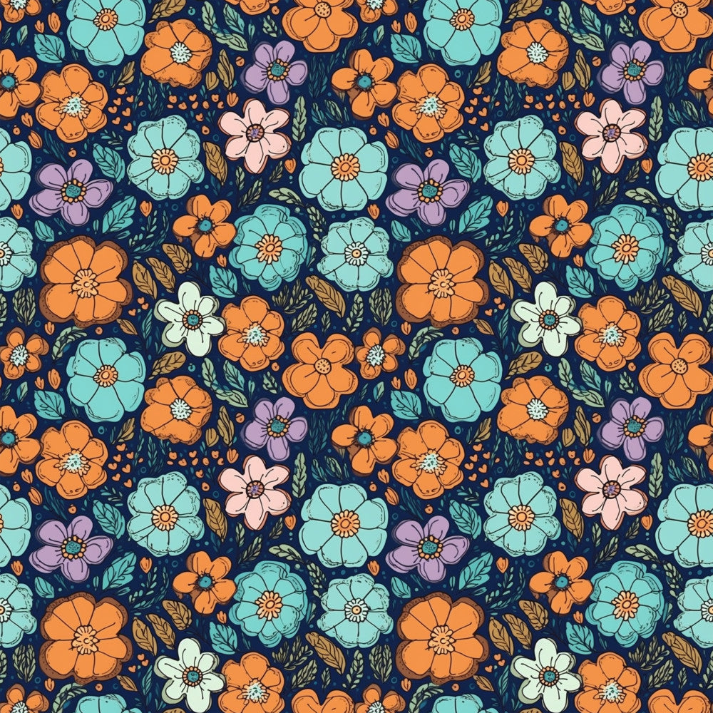 navy blue background, turquoise flowers, orange flowers, purple flowers, pink flowers, white flowers, floral pattern, botanical, nature, whimsical, playful, colorful, spring, summer, kids room, nursery, playroom, modern floral, hand-drawn style, decorative leaves, gold accents, teal, coral orange, lavender, soft pastels, vibrant colors, cheerful, bright, cute flowers, garden theme