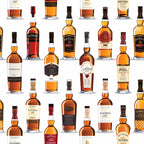 amber, golden yellow, deep brown, rust orange, whiskey bottles, scottish distillery, alcohol beverages, spirit bottles, glass bottles, labels, realistic illustration, repeating pattern,, fabric panel, scottish theme, bar collection, bottle arrangement, warm tones, beverage motif, distilled spirits