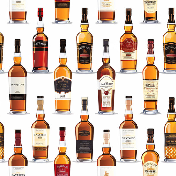 amber, golden yellow, deep brown, rust orange, whiskey bottles, scottish distillery, alcohol beverages, spirit bottles, glass bottles, labels, realistic illustration, repeating pattern,, fabric panel, scottish theme, bar collection, bottle arrangement, warm tones, beverage motif, distilled spirits