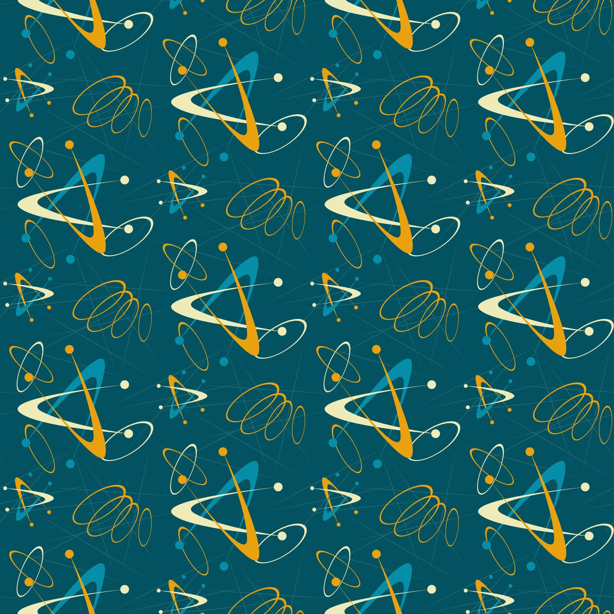 atomic pattern, starbursts, mid-century modern, retro design, teal background, orange accents, yellow dots, cream spirals, geometric shapes, orbital rings, space age, atomic symbols, boomerang shapes,, fabric panel, 1950s style, modern aesthetic, scattered motifs, turquoise blue, vintage inspired