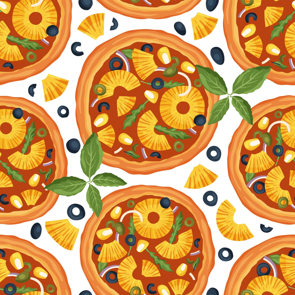 pizza pattern,, orange, yellow, green, red, white, pineapple slices, olives, basil leaves, cheese, pepperoni, food illustration, italian cuisine, seamless repeat, bright colors, kitchen theme, culinary design, fabric panel, cartoon style