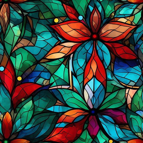stained glass, christmas pattern,, fabric panel, floral motifs, poinsettia flowers, red petals, green leaves, blue accents, orange hues, turquoise, purple tones, geometric sections, lead lines, mosaic style, holiday fabric, festive colors, botanical design, decorative panel, vibrant colors