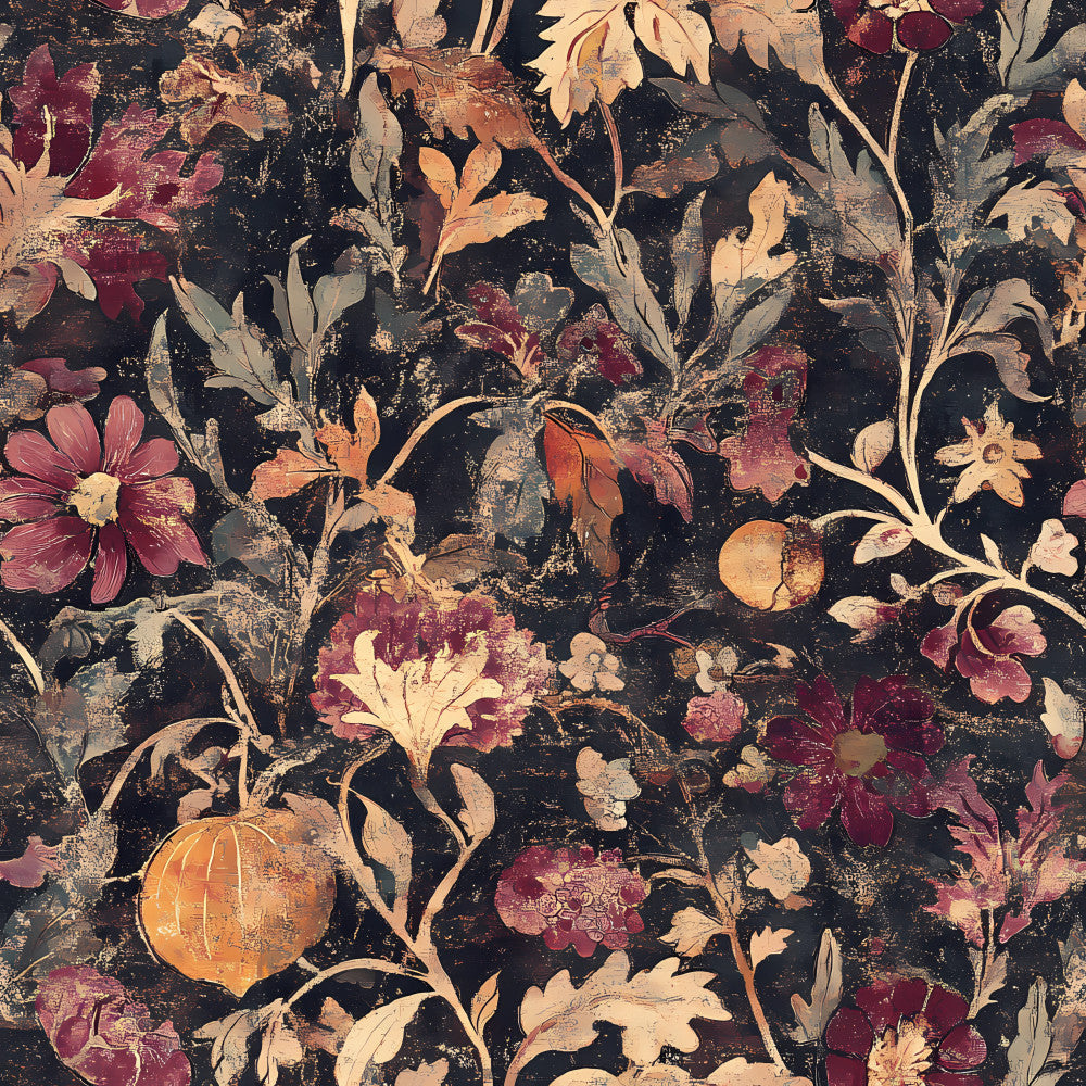 black background, burgundy, wine red, dusty rose, cream, gold, burnt orange, peach, sage green, floral, vintage floral, botanical, garden, nature, traditional, elegant, romantic, cottage core, nostalgic, pumpkin, autumn, fall, peonies, cosmos flowers, leaves, branches, vining, ornamental, timeless, classic