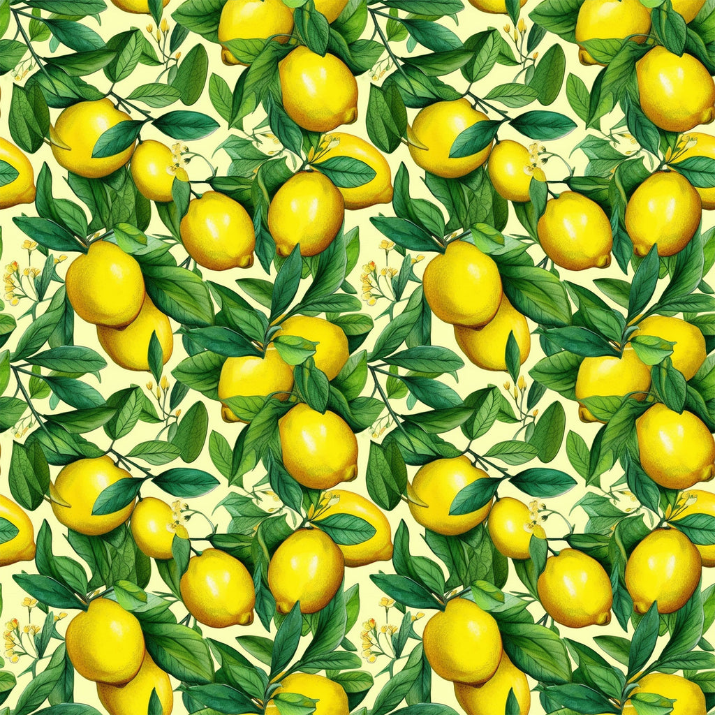 yellow lemons, green leaves, citrus fruits, botanical pattern, repeating design, bright yellow, forest green, cream background, vintage illustration, realistic style, fruit motif, summer theme, fresh citrus,, fabric panel, cheerful mood, kitchen theme, nature inspired, seamless repeat, vibrant colors