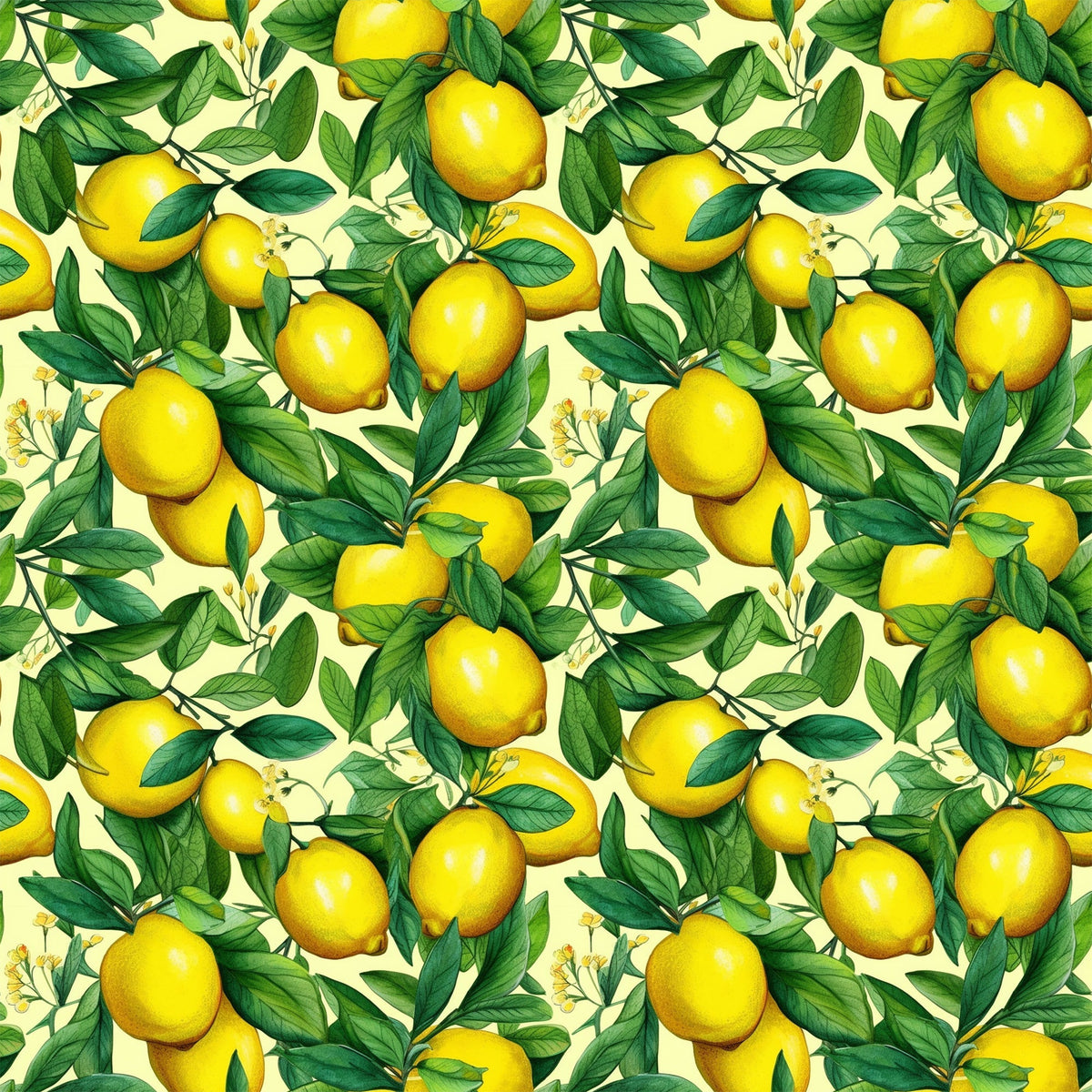 yellow lemons, green leaves, citrus fruits, botanical pattern, repeating design, bright yellow, forest green, cream background, vintage illustration, realistic style, fruit motif, summer theme, fresh citrus,, fabric panel, cheerful mood, kitchen theme, nature inspired, seamless repeat, vibrant colors