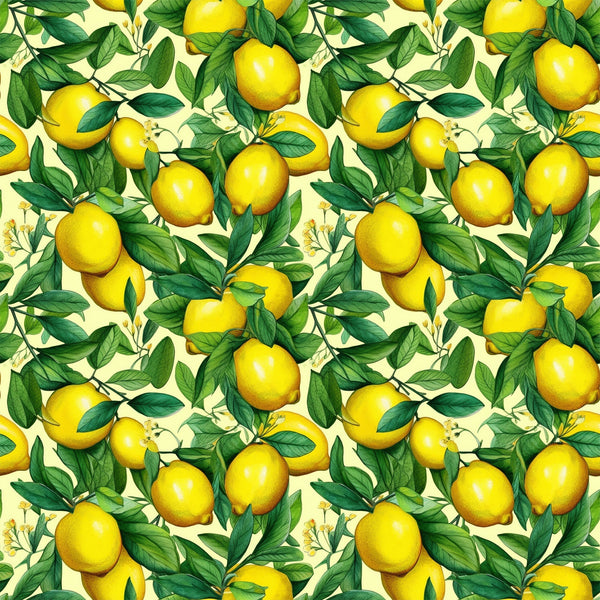 yellow lemons, green leaves, citrus fruits, botanical pattern, repeating design, bright yellow, forest green, cream background, vintage illustration, realistic style, fruit motif, summer theme, fresh citrus,, fabric panel, cheerful mood, kitchen theme, nature inspired, seamless repeat, vibrant colors