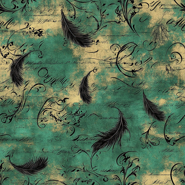 teal green, sage green, cream, vintage, feathers, calligraphy, script, floral flourishes, botanical, elegant, romantic, steampunk, antique, distressed, grunge texture, nature, whimsical, victorian, cursive writing, ornamental, damask-inspired, shabby chic, literary, nostalgic, boho, eclectic, timeless, classic, decorative swirls, aged parchment