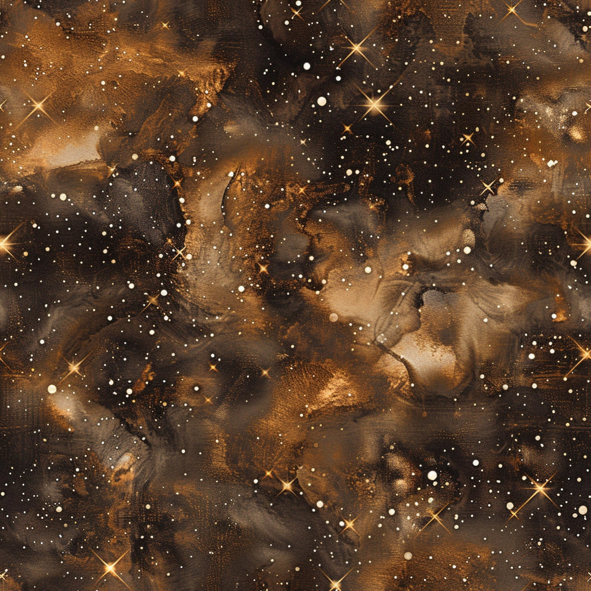 brown, amber, bronze, gold, painted galaxy, cosmic pattern, nebula design, starry sky, celestial motifs, space theme, astronomical art, swirling clouds, star field,, fabric panel, dreamy atmosphere, mystical mood, ethereal design, universe pattern, night sky