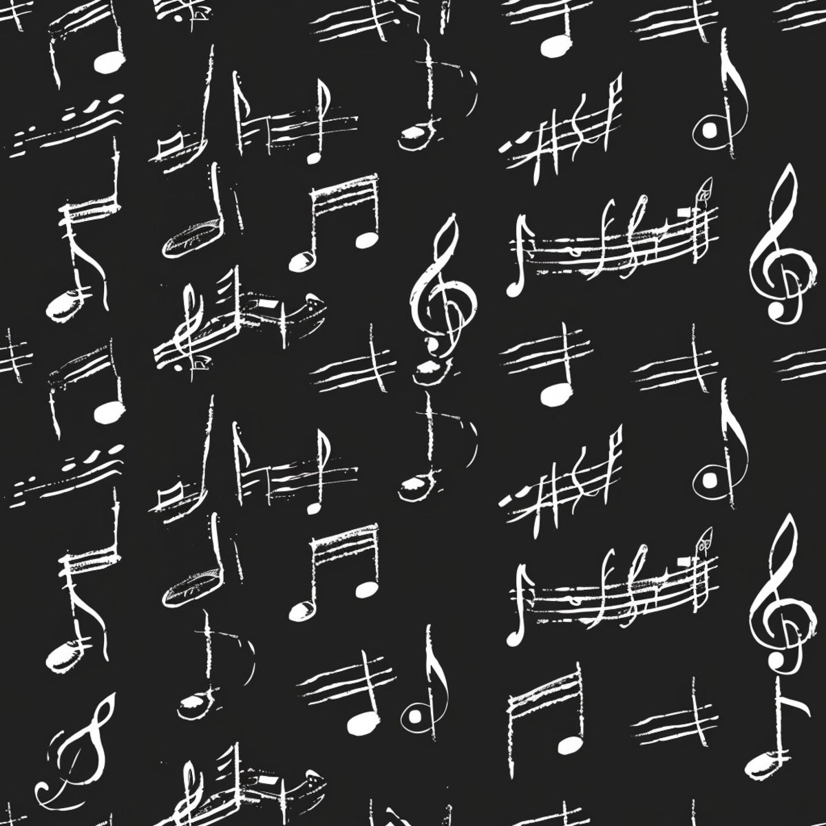 black background, white musical notes, treble clef, staff lines, sheet music, handwritten style, sketchy design, musical symbols, monochrome pattern,, fabric panel, artistic notation, music themed, chalk-like appearance, scattered notes, musical composition, repeating pattern, contrasting colors, cotton fabric