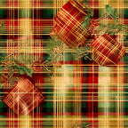 red, green, gold, christmas, plaid, tartan, checkered, gift boxes, presents, ribbons, bows, holly leaves, pineapple motifs,, fabric panel, holiday themed, festive, geometric patterns, layered design, warm colors