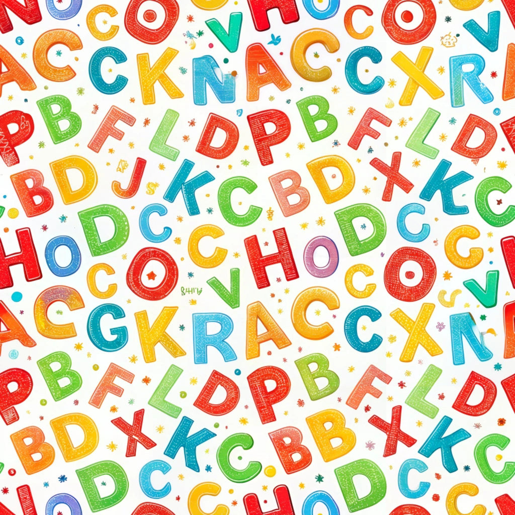alphabet letters, colorful letters, red, blue, green, yellow, orange, scattered pattern, educational theme, back to school,, fabric panel, children's fabric, bright colors, learning motif, random placement, multicolored, school supplies theme, cotton fabric, craft fabric