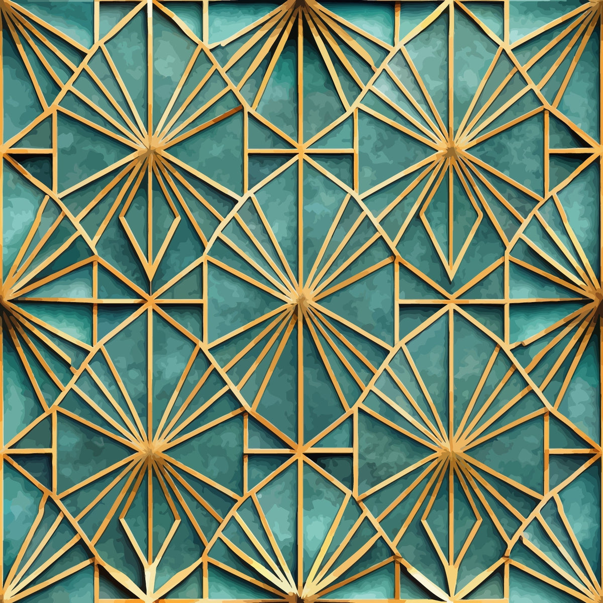 teal, gold, geometric pattern, art deco, starburst design, radial lines, angular shapes, diamond motifs, luxury aesthetic,, fabric panel, repeating pattern, metallic accents, sophisticated design, decorative elements, symmetrical layout, ornate details