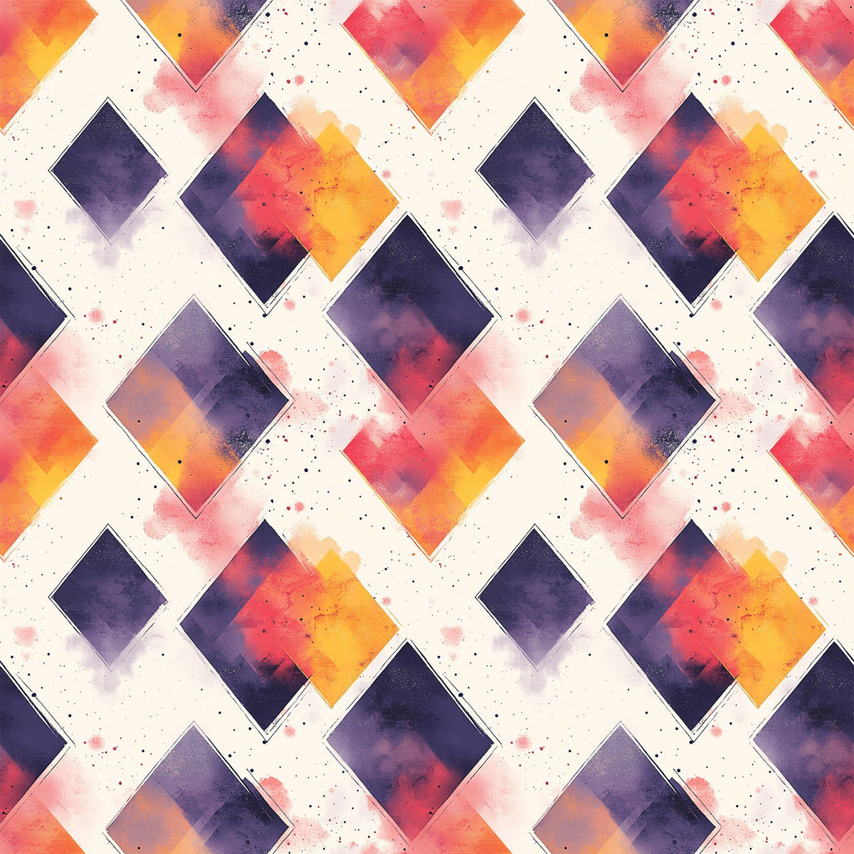 orange, purple, yellow, pink, cream, geometric diamonds, watercolor effect, mid century modern, abstract pattern, gradient colors, speckled texture, diamond shapes, contemporary design,, fabric panel, sunset colors, overlapping squares, modern geometric, artistic blocks, vibrant hues