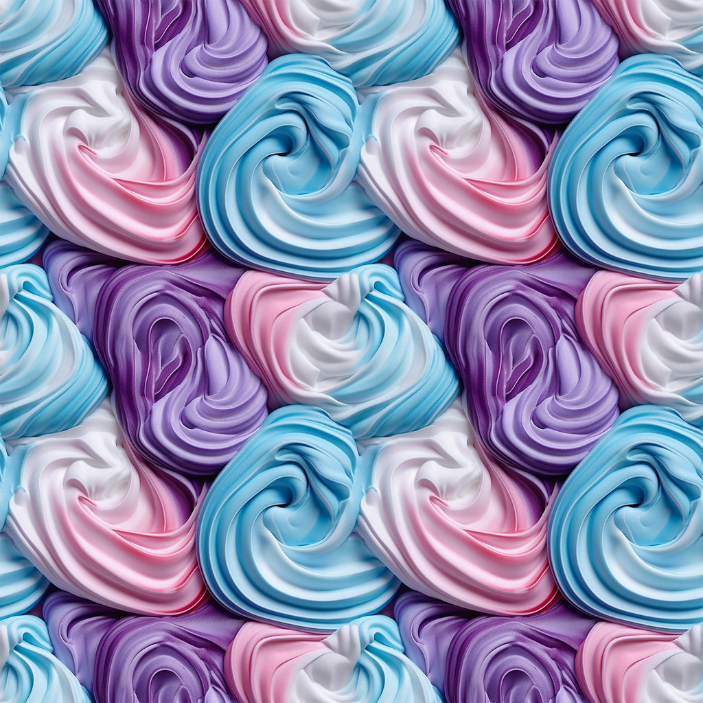 frosting swirls, meringue pattern, pastel colors, lavender purple, sky blue, soft pink, white cream, spiral design, whipped texture, dessert motif, bakery theme, sweet treats,, fabric panel, repetitive pattern, confectionery art, sugar swirls, creamy texture, food illustration, seamless repeat