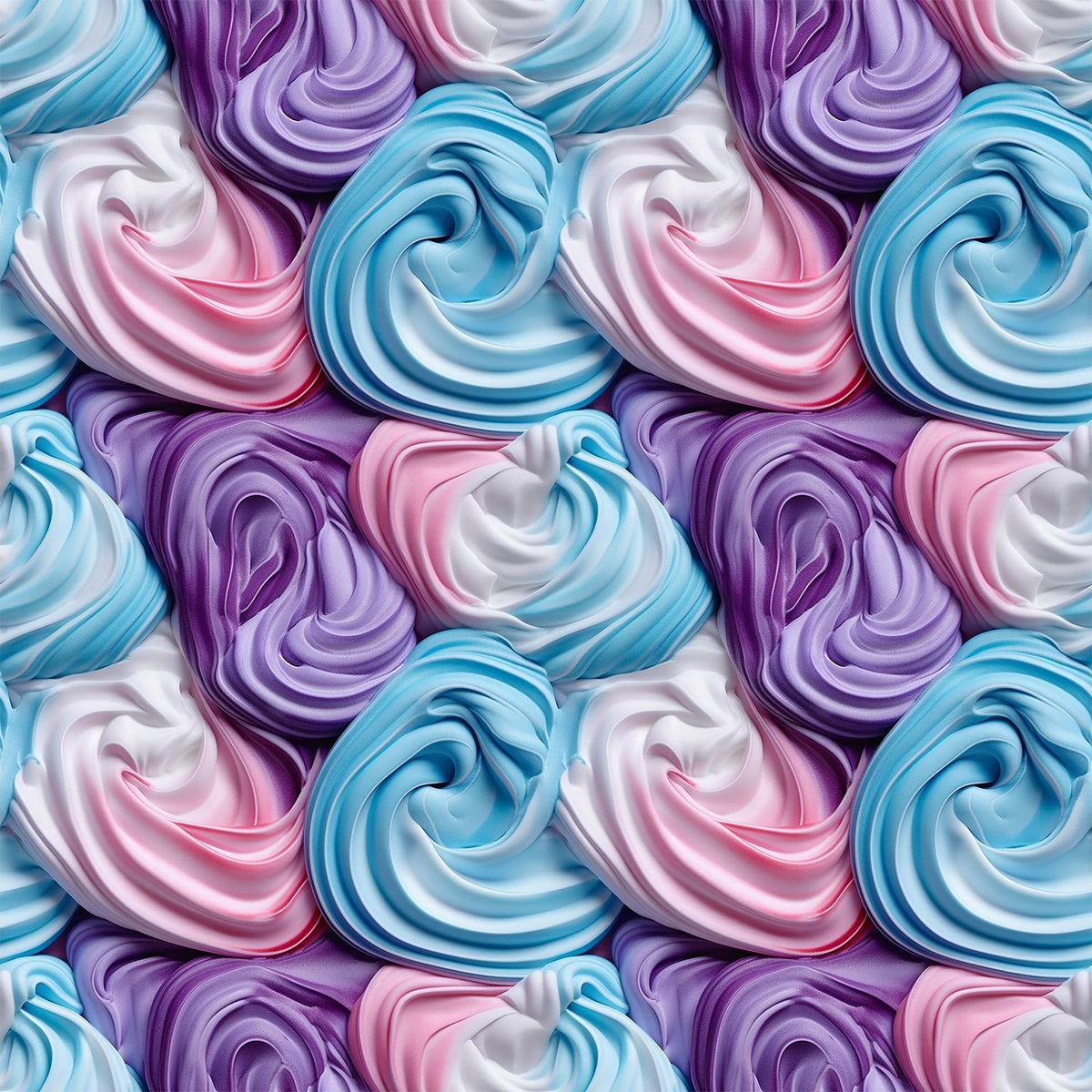 frosting swirls, meringue pattern, pastel colors, lavender purple, sky blue, soft pink, white cream, spiral design, whipped texture, dessert motif, bakery theme, sweet treats,, fabric panel, repetitive pattern, confectionery art, sugar swirls, creamy texture, food illustration, seamless repeat