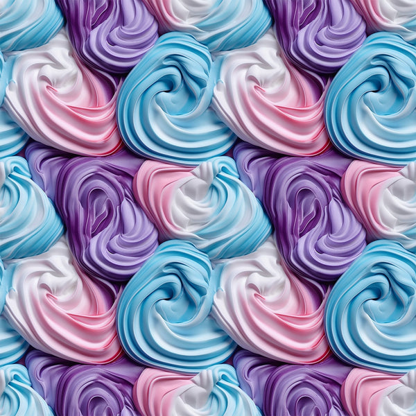 frosting swirls, meringue pattern, pastel colors, lavender purple, sky blue, soft pink, white cream, spiral design, whipped texture, dessert motif, bakery theme, sweet treats,, fabric panel, repetitive pattern, confectionery art, sugar swirls, creamy texture, food illustration, seamless repeat