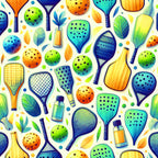 watercolor style, pickleball paddles, sports equipment, green balls, orange balls, blue balls, yellow paddles, teal paddles, geometric patterns, polka dots, scattered leaves, bottles,, fabric panel, athletic theme, recreational sports, bright colors, playful design, summer activities, racquet sports