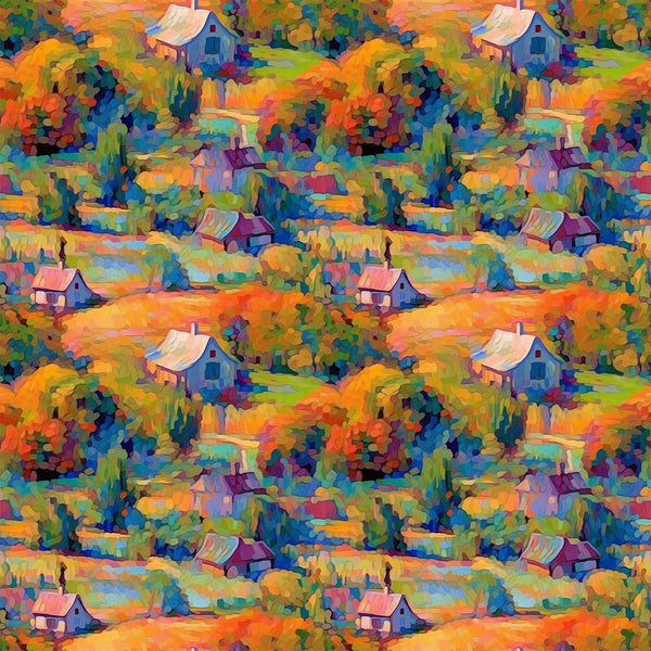 impressionist style, autumn foliage, cottage houses, vibrant orange, deep blue, emerald green, purple accents, landscape scene, painterly brushstrokes, rolling hills, colorful trees, rural cottages, artistic pattern,, fabric panel, fall colors, countryside scene, monet inspired, repeating motif, nature scenery