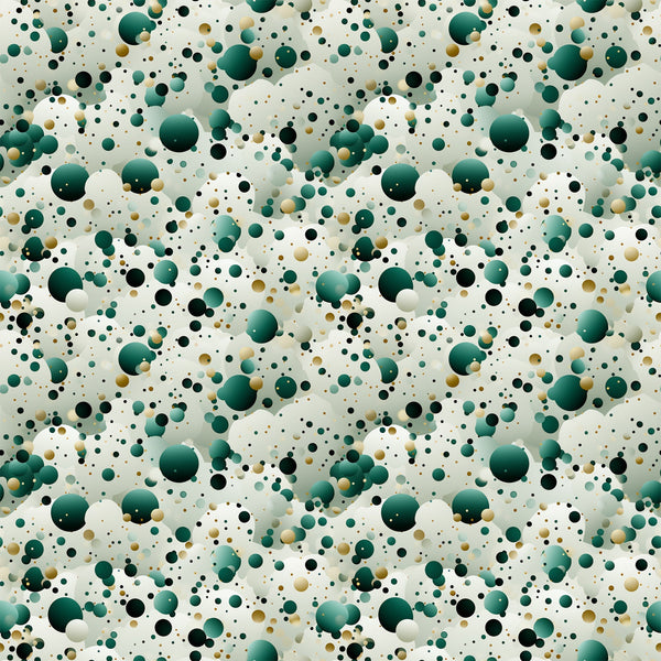 green, teal, emerald, black, gold, cream, beige, confetti pattern, polka dots, circles, scattered dots, random placement, abstract design, geometric shapes, festive, celebratory, modern style,, fabric panel, party theme, bubble pattern