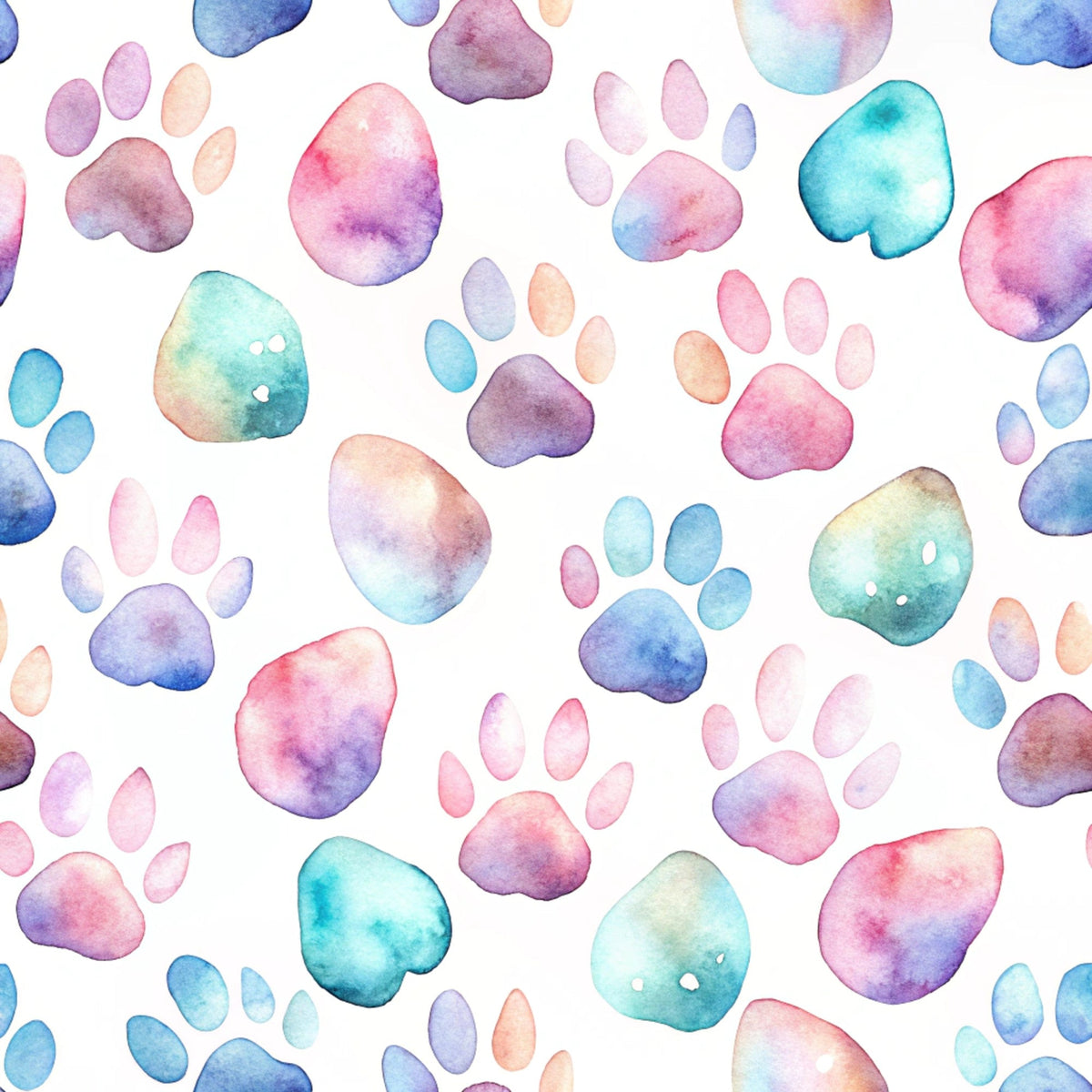 watercolor paws, dog paw prints, pastel colors, pink hues, blue tones, purple shades, turquoise accents, peach colors, gradient effects, whimsical style, pet themed, animal prints, soft pastels,, fabric panel, scattered pattern, playful design, artistic watercolor, cute paws, crafting material