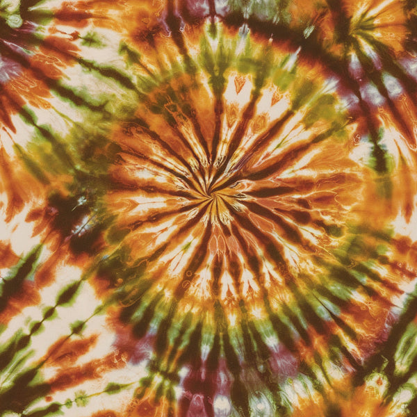 tie dye, retro, groovy, radial pattern, starburst design, orange, rust, olive green, burgundy, cream, white, spiral, psychedelic, 1960s style, hippie, boho,, fabric panel, sunburst, kaleidoscope