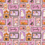 halloween, spooky, purple, pink, orange, brown, candy corn, pumpkins, ghosts, witches, potion bottles, cauldrons, bats, moons, stars, black cats, jack-o-lanterns, autumn, fall, seasonal, festive, whimsical, playful, kids, children, trick-or-treat, costume party, haunted, magical, vintage halloween