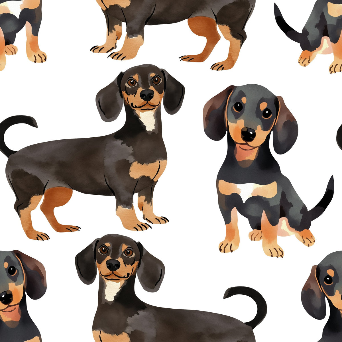 Dapper Dachshunds Pattern 1 fleece fabric with playful watercolor dachshunds in black, tan, brown, orange and white