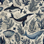 beige background, navy blue, whales, sea creatures, starfish, seaweed, coral, marine life, ocean pattern,, fabric panel, underwater scene, nautical theme, sea plants, aquatic animals, botanical elements, scattered bubbles, hand-drawn style, repeating pattern, coastal design