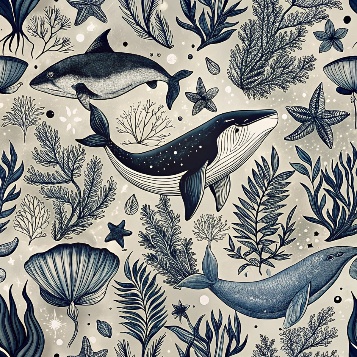 beige background, navy blue, whales, sea creatures, starfish, seaweed, coral, marine life, ocean pattern,, fabric panel, underwater scene, nautical theme, sea plants, aquatic animals, botanical elements, scattered bubbles, hand-drawn style, repeating pattern, coastal design