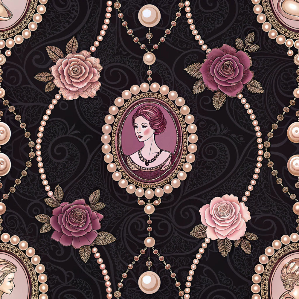 dusty rose, mauve, plum purple, blush pink, black, gold, pearl, vintage cameo, portrait medallion, roses, floral, pearls, beads, elegant, sophisticated, romantic, victorian, ornamental, classic, timeless, retro, feminine, luxury, jeweled, decorative borders, swirling damask, botanical, gold leaves, statement design
