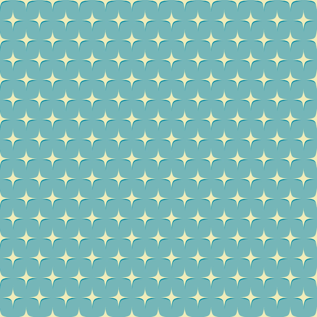 teal blue, cream white, atomic starbursts, mid-century modern, retro pattern, geometric shapes, star motifs, repeating design,, fabric panel, vintage inspired, mod style, turquoise background, diamond stars, nostalgic feel, craft fabric, sewing material, decorative pattern, atomic era
