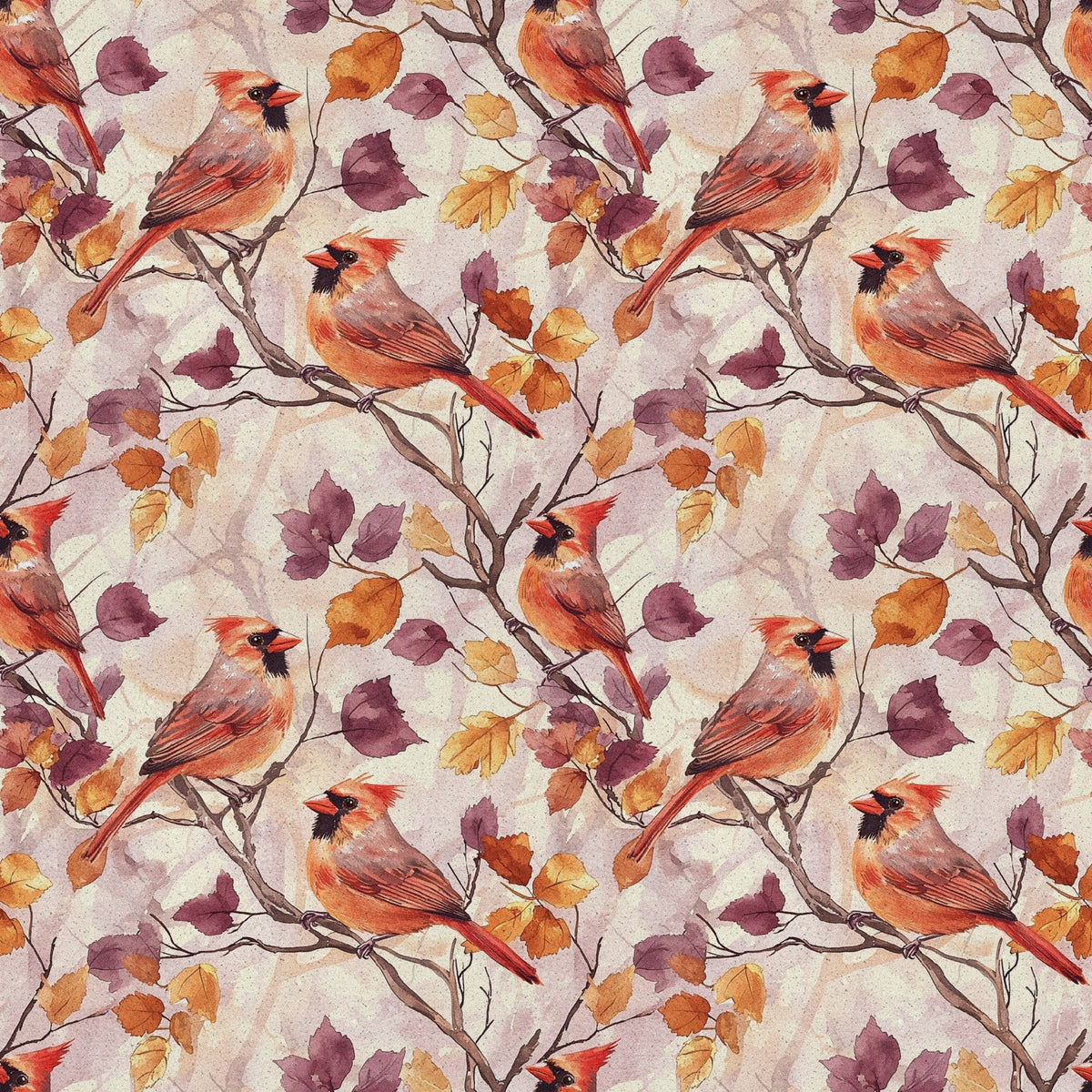 red cardinals, autumn leaves, watercolor style,, fabric panel, orange foliage, purple leaves, brown branches, bird pattern, seasonal design, fall colors, nature motif, repeating pattern, warm tones, woodland birds, burgundy accents, botanical elements, crafting fabric, textile design, avian theme