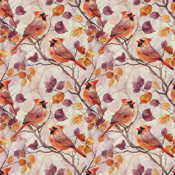 red cardinals, autumn leaves, watercolor style,, fabric panel, orange foliage, purple leaves, brown branches, bird pattern, seasonal design, fall colors, nature motif, repeating pattern, warm tones, woodland birds, burgundy accents, botanical elements, crafting fabric, textile design, avian theme