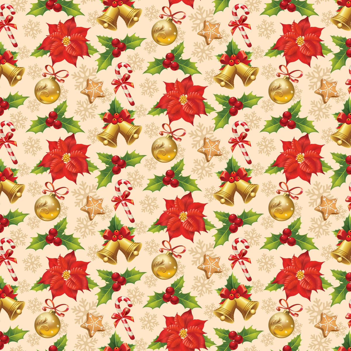 christmas pattern,, fabric panel, red poinsettias, holly berries, golden bells, candy canes, ornament balls, gingerbread cookies, snowflakes, cream background, festive design, holiday motifs, repeating pattern, seasonal fabric, winter elements, red and green, gold accents, christmas decorations, holiday quilting