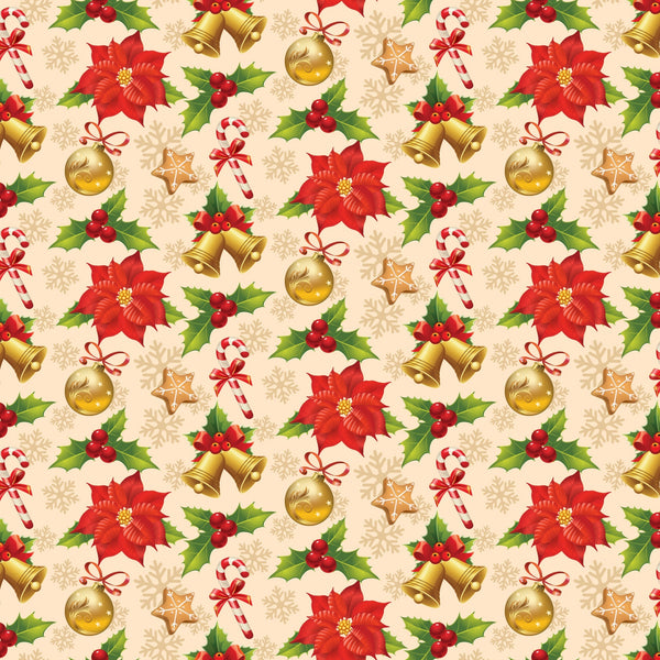 christmas pattern,, fabric panel, red poinsettias, holly berries, golden bells, candy canes, ornament balls, gingerbread cookies, snowflakes, cream background, festive design, holiday motifs, repeating pattern, seasonal fabric, winter elements, red and green, gold accents, christmas decorations, holiday quilting
