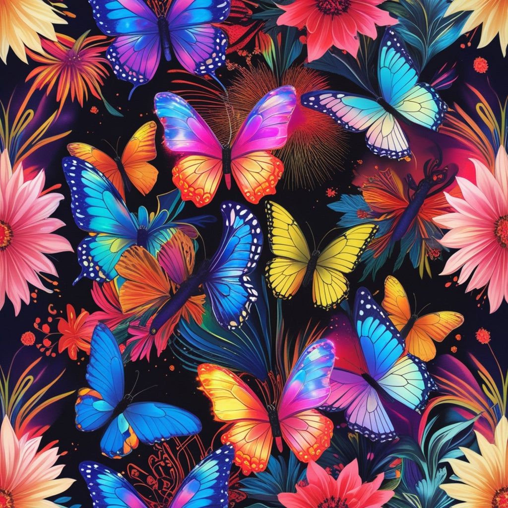 Luminous Wings Pattern 6 fleece fabric with vibrant blue, pink, coral, yellow and purple butterflies among tropical flowers on a dark ground