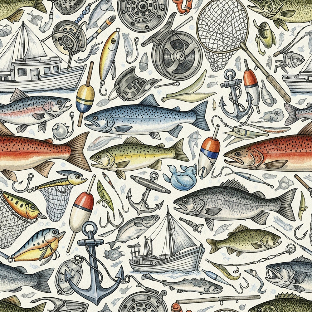 fishing, nautical, vintage, fish, boats, anchors, fishing rods, fishing reels, hooks, bobbers, nets, seafaring, cream, blue, red, orange, green, gray, whimsical, traditional, adventure, outdoor, water sports, sports, hobbies, masculine, fishing tackle, lures, maritime, classic