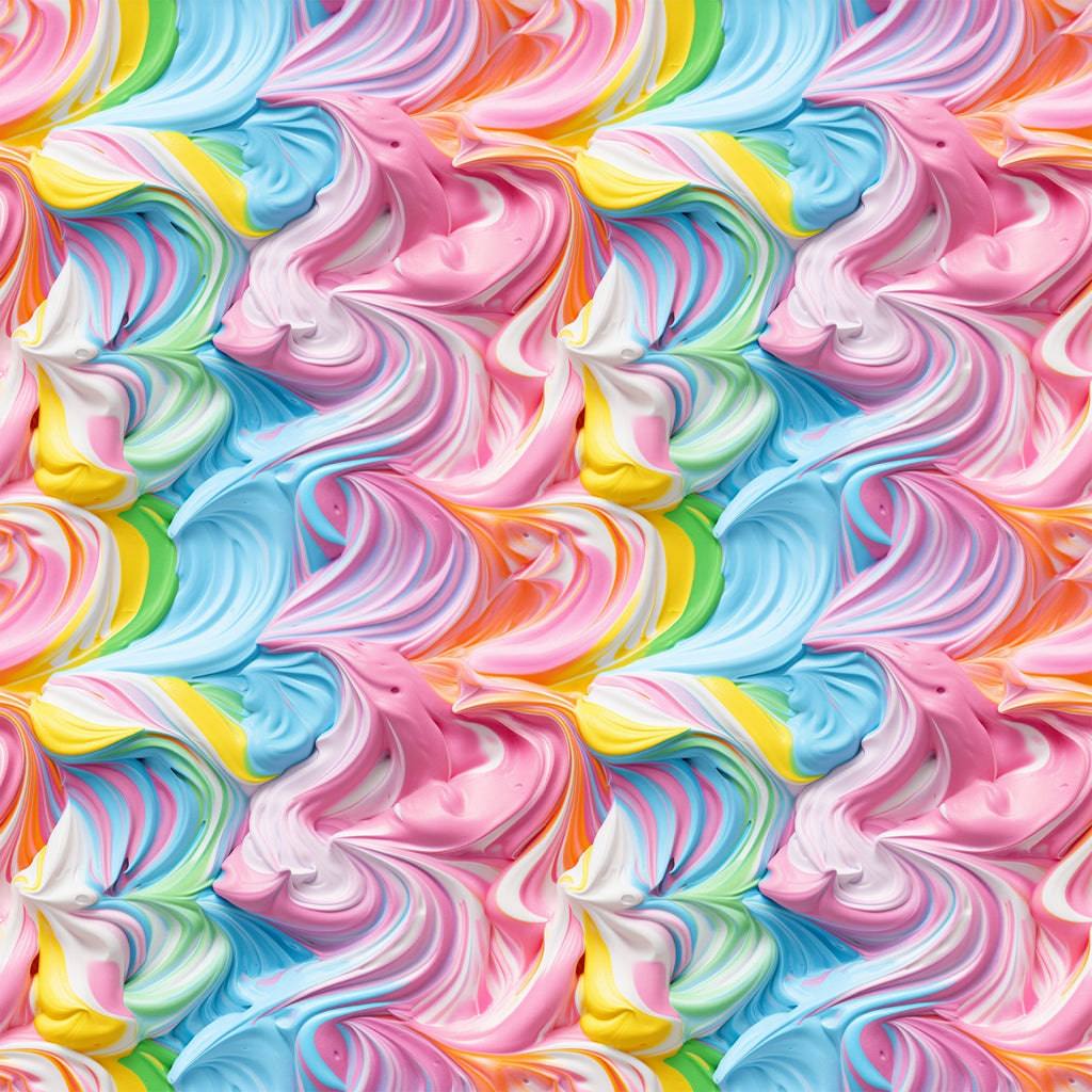rainbow swirls, pink frosting, blue icing, yellow swirls, multicolor pattern, pastel colors, swirled design, candy colors, frosting texture,, fabric panel, sweet treats, dessert inspired, flowing curves, marbled effect, bright colors, seamless repeat, cotton fabric, confectionery theme