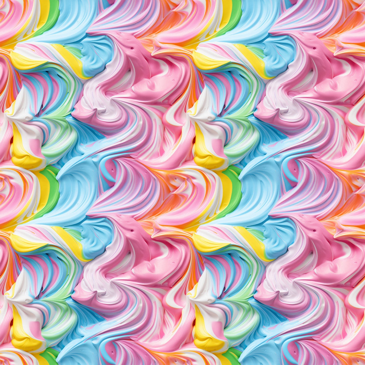 rainbow swirls, pink frosting, blue icing, yellow swirls, multicolor pattern, pastel colors, swirled design, candy colors, frosting texture,, fabric panel, sweet treats, dessert inspired, flowing curves, marbled effect, bright colors, seamless repeat, cotton fabric, confectionery theme