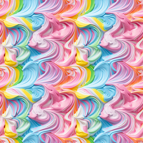 rainbow swirls, pink frosting, blue icing, yellow swirls, multicolor pattern, pastel colors, swirled design, candy colors, frosting texture,, fabric panel, sweet treats, dessert inspired, flowing curves, marbled effect, bright colors, seamless repeat, cotton fabric, confectionery theme