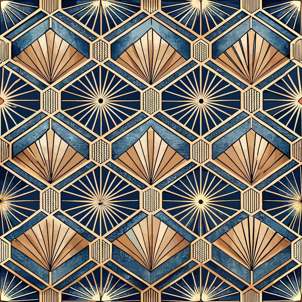 navy blue, gold, cream, copper, geometric pattern, art deco, sunburst motif, fan shapes, diamond grid, hexagonal elements, radiating lines,, fabric panel, vintage style, 1920s inspired, repeating pattern, metallic accents, angular design, luxury aesthetic