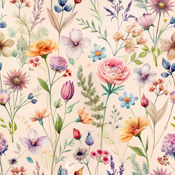 peach background, watercolor florals, wildflowers, botanical illustration, pink roses, purple tulips, orange poppies, blue daisies, lavender sprigs, delicate stems, soft pastels, whimsical flowers,, fabric panel, spring blooms, meadow flowers, artistic watercolor, floral motifs, nature inspired, cottage garden