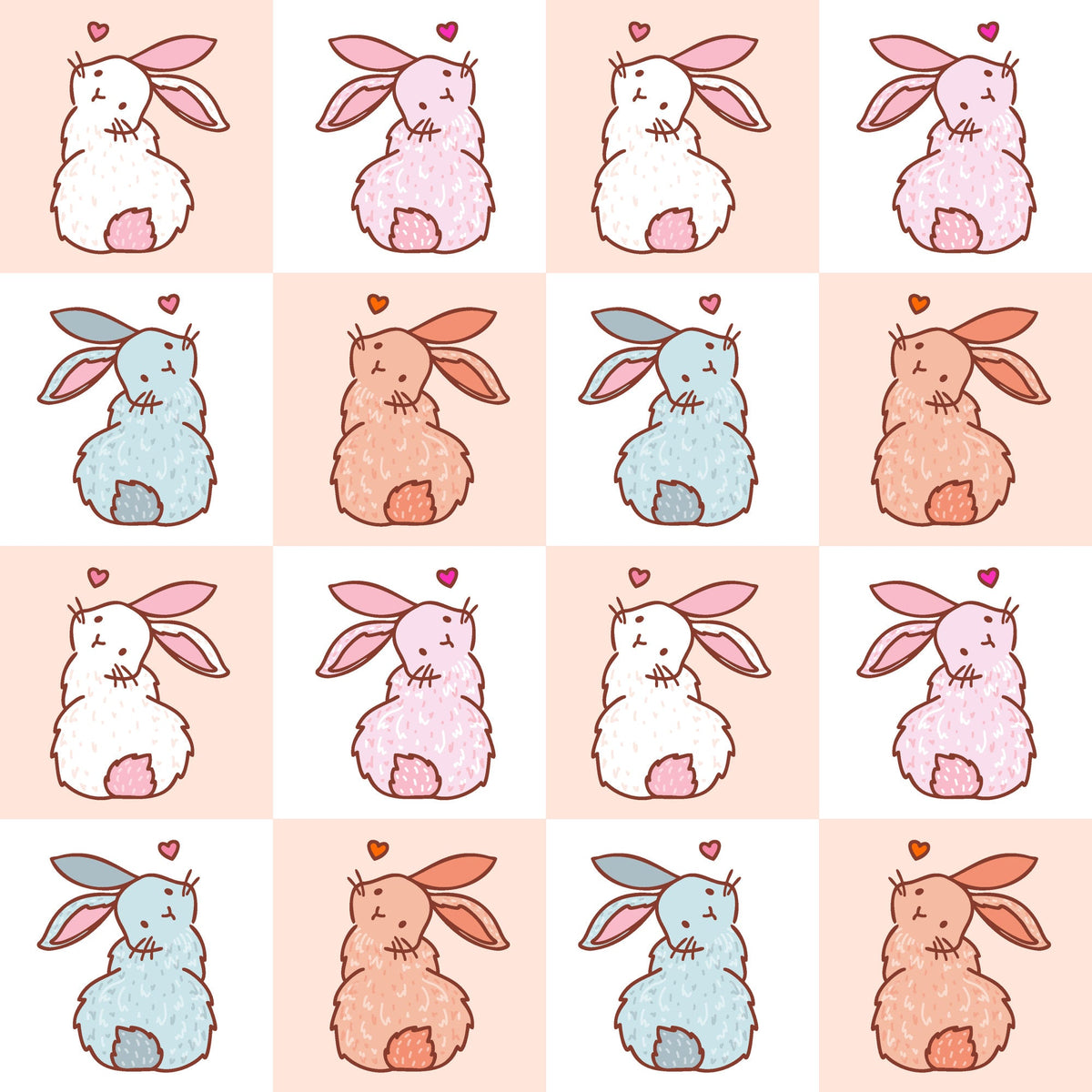 cute bunnies, easter rabbits, checkered pattern, pink palette, pastel colors, white bunnies, blue bunnies, peach bunnies,, fabric panel, kawaii style, adorable characters, spring theme, easter decor, soft pastels, repetitive design, bunny tails, heart accents, sitting rabbits, craft fabric