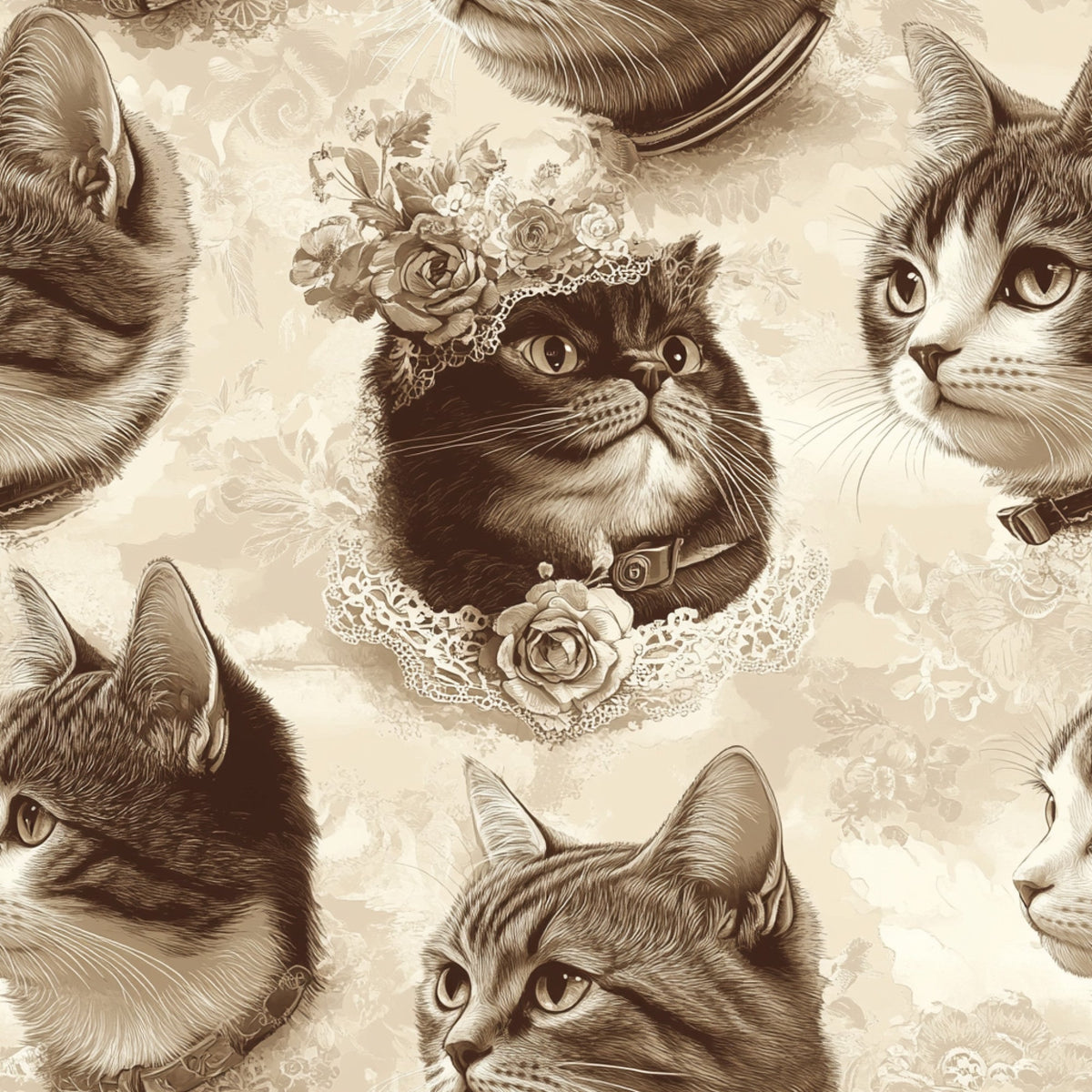 vintage cats, sepia tones, beige background, lace details, floral embellishments, roses, ornate collars, feline portraits, victorian style,, fabric panel, monochromatic design, detailed illustrations, pet themed, nostalgic artwork, decorative lace trim, antique aesthetic, cream colored, brown shades