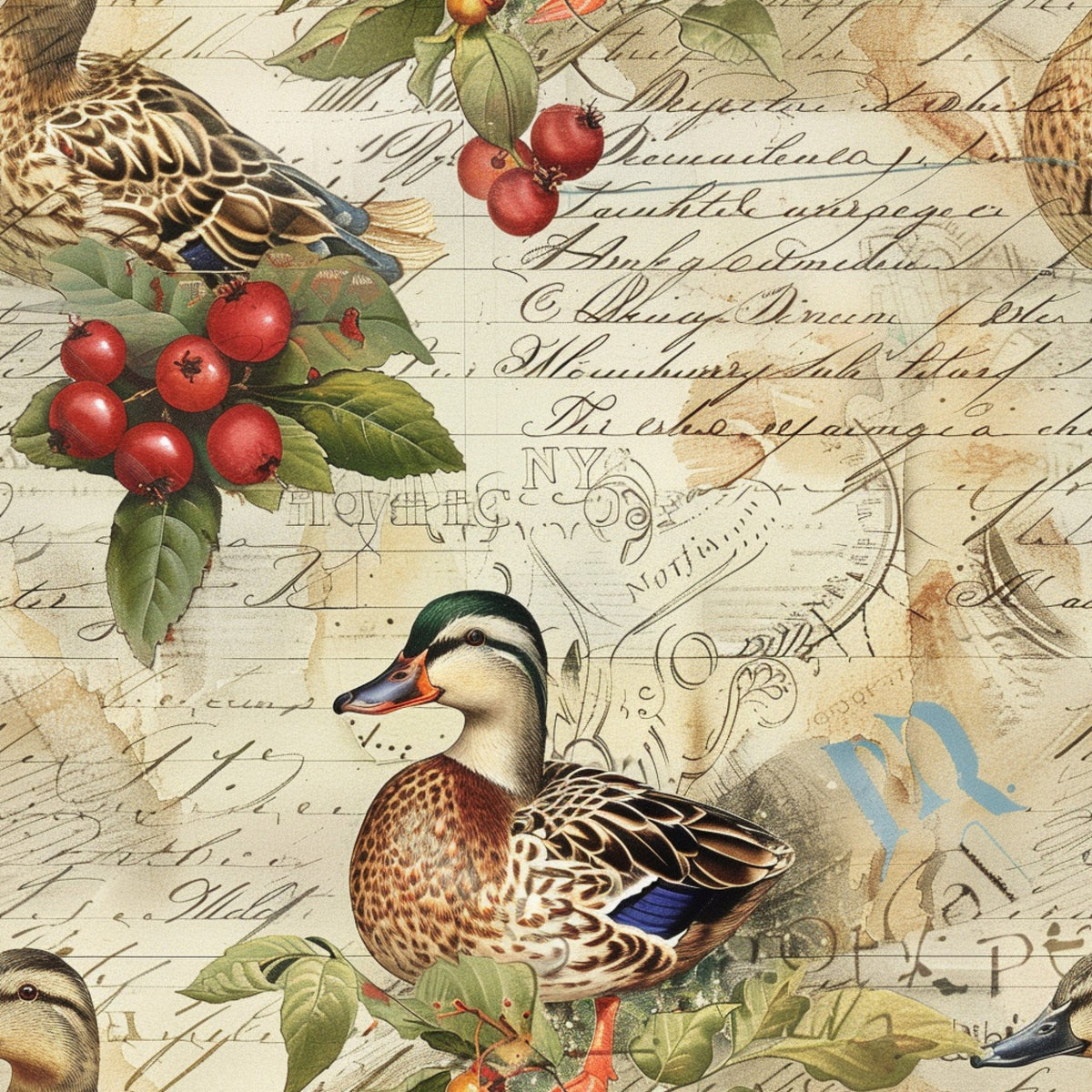 farm life,, fabric panel, ducks, waterfowl, red berries, green leaves, brown tones, cream background, vintage style, botanical elements, nature scene, blue accents, orange beak, patterned feathers, rustic charm, country theme, wildlife motifs, earthy colors, natural elements