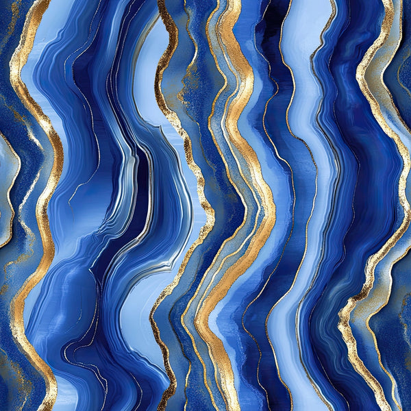 royal blue, navy blue, light blue, gold, white, agate pattern, geode design, wavy lines, flowing stripes, marbled texture, abstract design, geological formation, mineral pattern, luxurious, elegant,, fabric panel, natural stone, organic waves, metallic accents