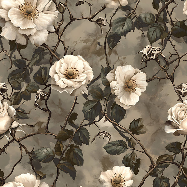 cream roses, white flowers, thorny vines, sage green leaves, taupe background, vintage botanical, climbing roses, muted earth tones, romantic florals,, fabric panel, weathered texture, garden theme, delicate petals, bramble thorns, soft neutrals, painterly style, nature motif